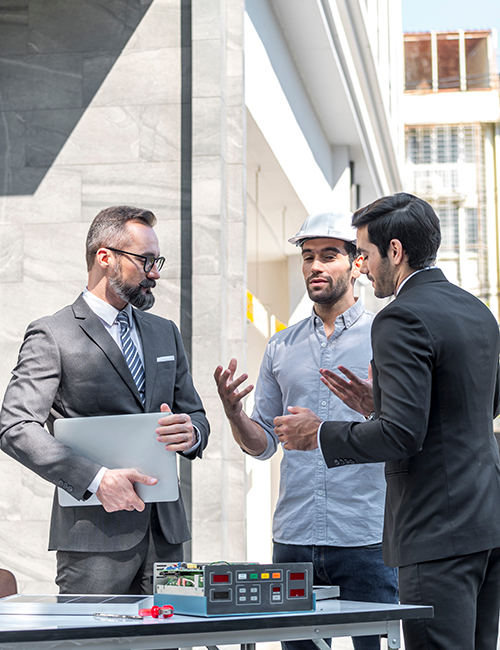 two businessman power engineering talking checking